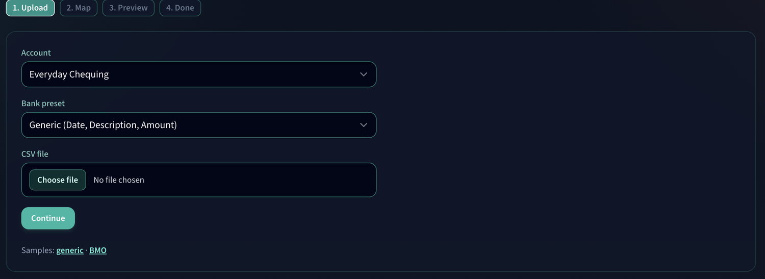 CSV import wizard with account and bank preset selectors