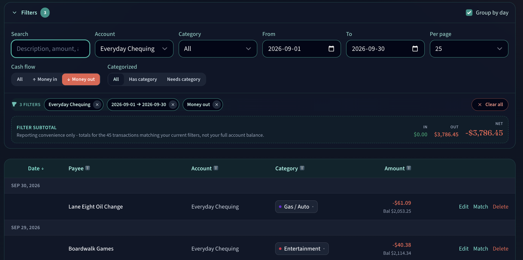 Filtered transactions for Everyday Chequing, money out, with running balances